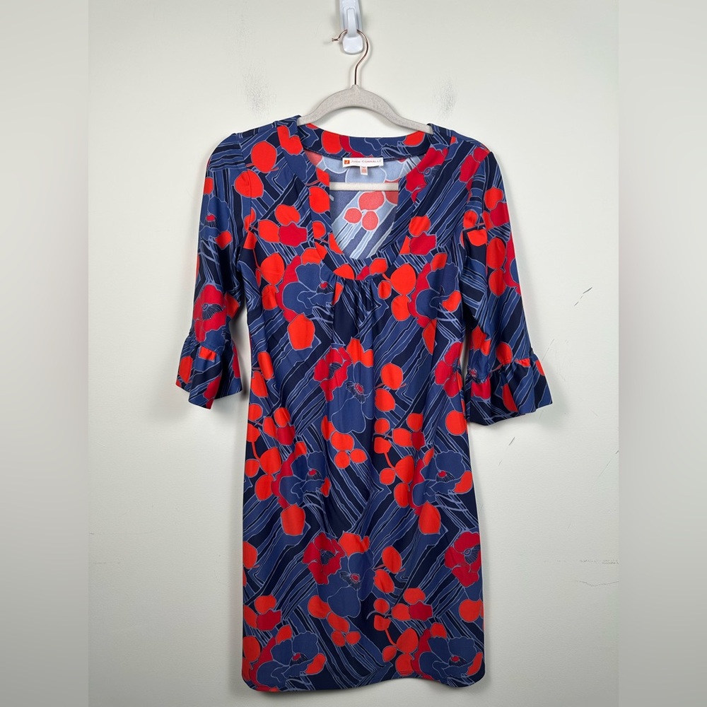 Jude Connally Nancy Dress Blue Red Bell Sleeve Size Medium EUC Jude Cloth